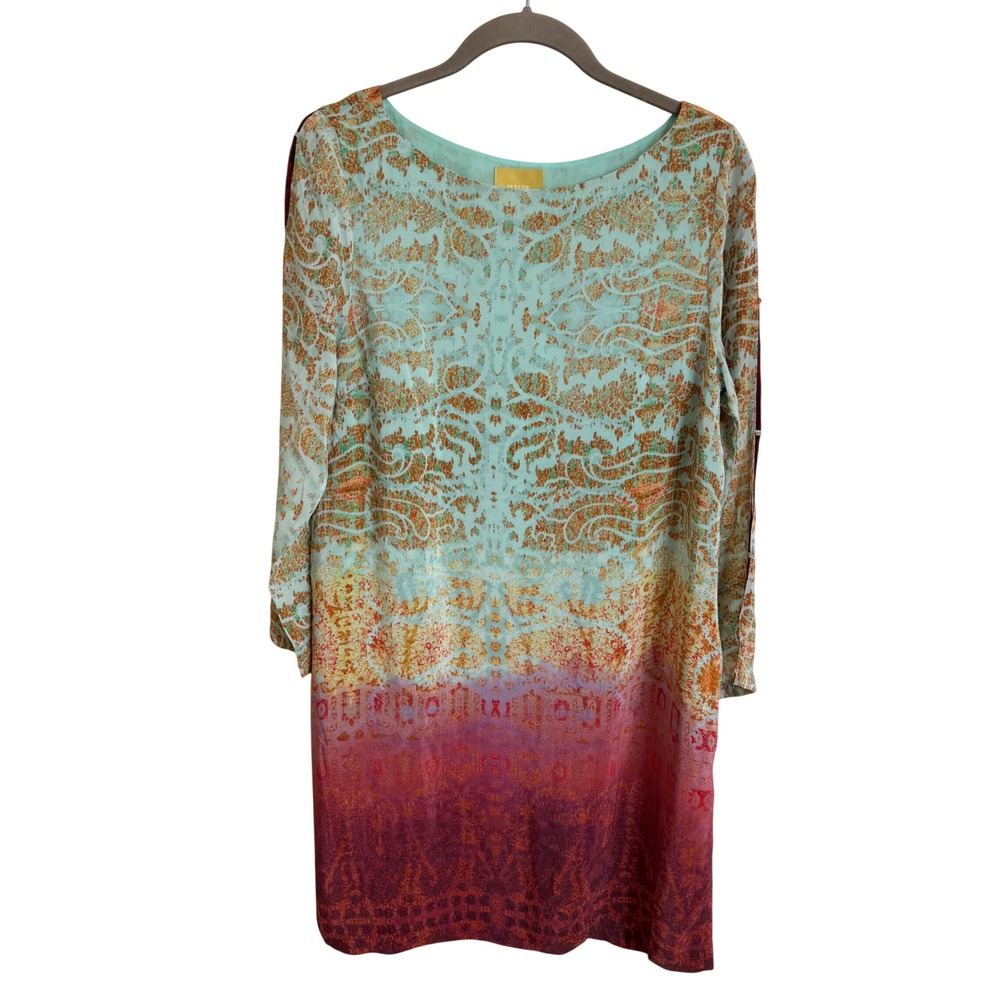 Maeve Anthropologie Silk Ombre Damask Shift Dress Small Mint Magenta Long Sleeve